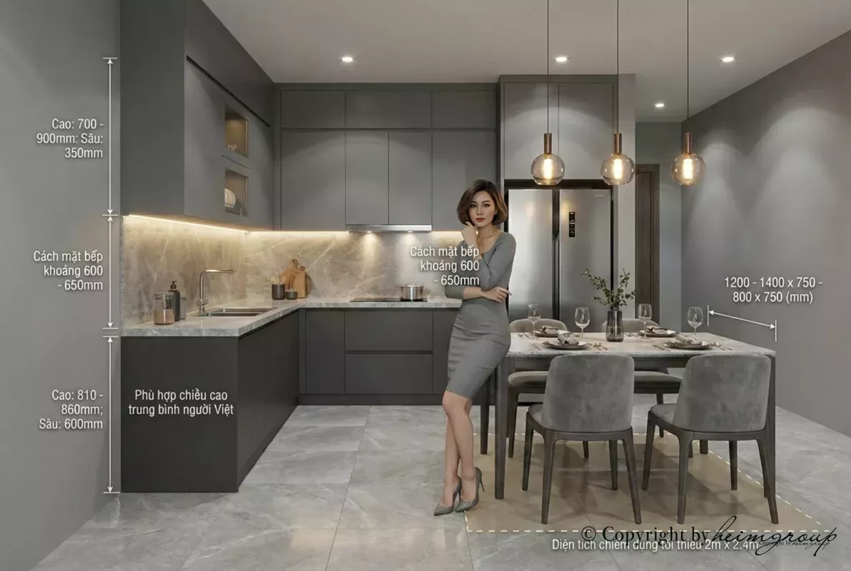 Bảng kích thước nội thất phòng bếp & Phòng ăn