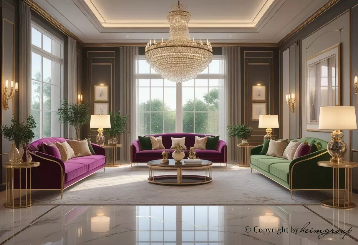 Một không gian nội thất sang trọng với ghế sofa nhung, đèn chùm pha lê, sàn đá cẩm thạch và cửa sổ lớn.