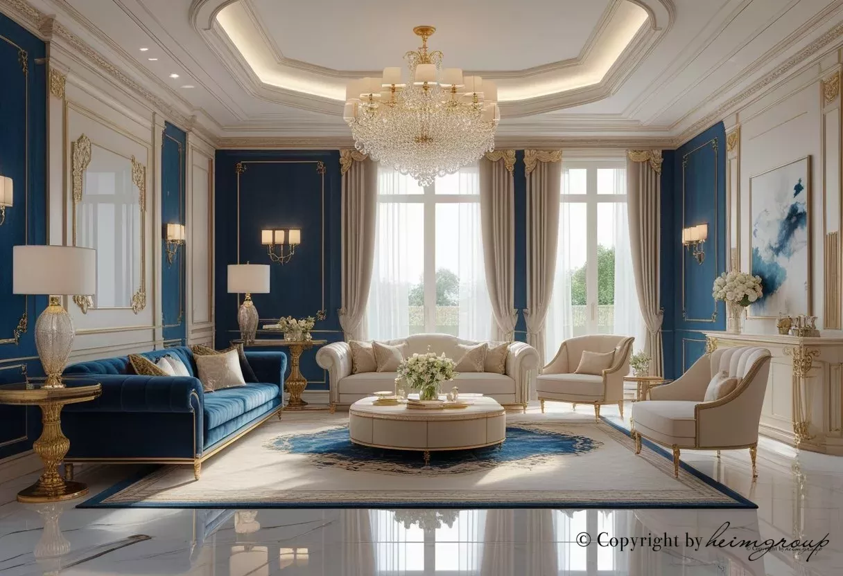 Phòng khách sang trọng với ghế sofa nhung, đèn chùm pha lê, sàn đá cẩm thạch và các chi tiết trang trí mạ vàng.