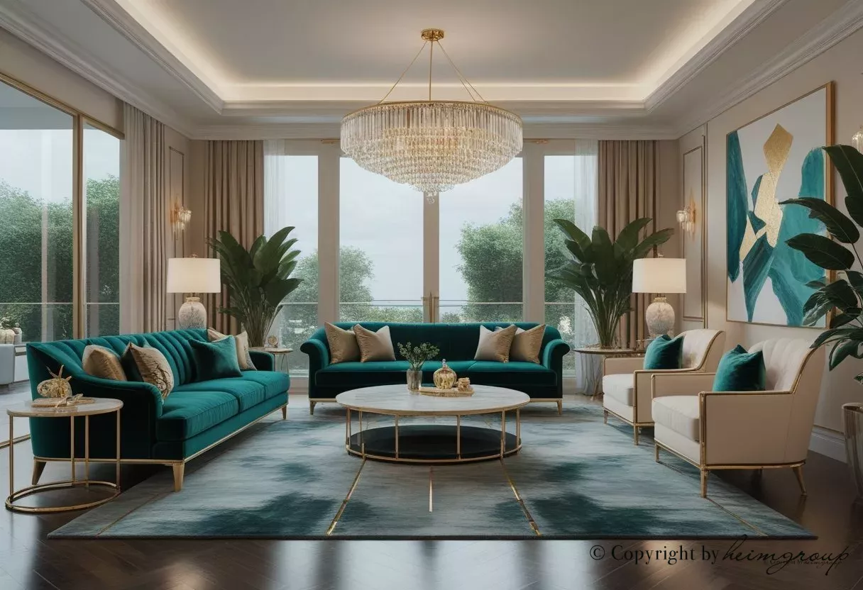 Phòng khách sang trọng với ghế sofa nhung, bàn cà phê đá cẩm thạch, đèn chùm pha lê và cửa sổ lớn.